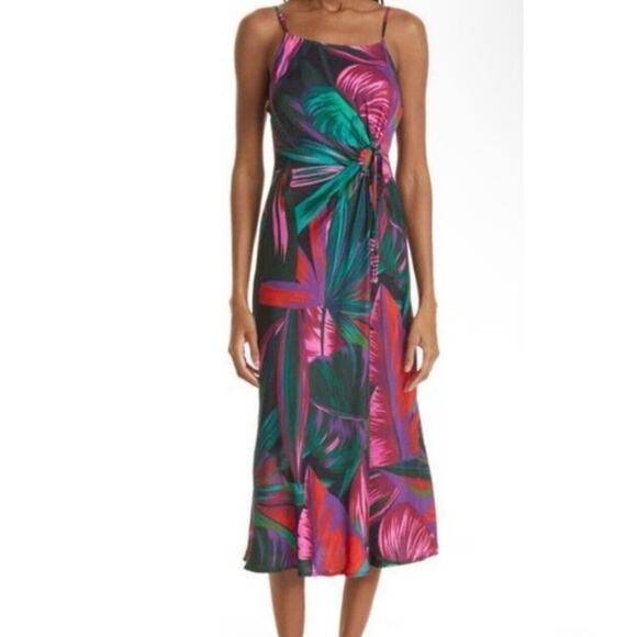 Farm Rio Midnight Leaves Tank Midi Dress Green Pink Tropical Cut Out Tie Waist M - Picture 14 of 14